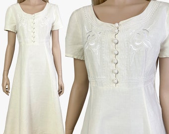Vintage Button Front cream color linen dress with embroidery, summer midi dress