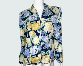 Adrianna Papell blazer vintage de seda com estampa floral, blazer de seda jacquard anos 90, jaqueta verão primavera