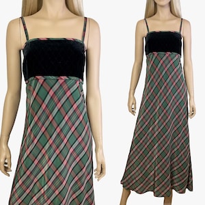 Vintage tartan long strap dress with velvet quilted top, 1970&#39;s