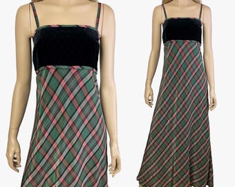 Vintage tartan long strap dress with velvet quilted top, 1970's