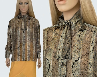 TED LAPIDUS Bow Tie Silk Blouse, Black & Gold Paisley Metallic Blouse, 1970s