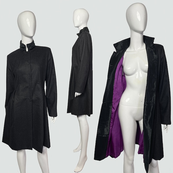 Manteau en laine vintage avec col debout et doublure colorée, manteau gris automne, manteau pour femme