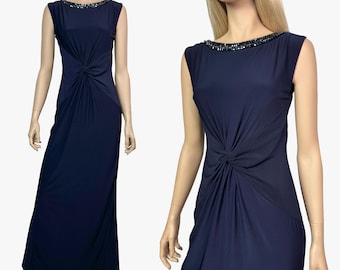 Monsoon vintage evening blue beaded maxi dress, draped prom formal dress