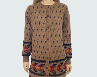 Vintage Tulchan woman embroidered brown cardigan, pure new wool cardigan, cute cottagecore sweater bohemian chunky knit cardigan
