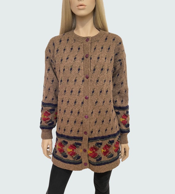 Vintage Tulchan woman embroidered brown cardigan,… - image 1