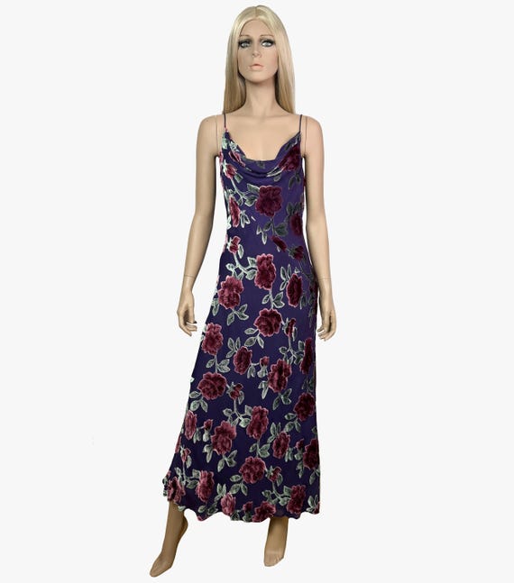 Vintage Monsoon long SILK & viscose Y2K summer cowl neck dress 1990s, floral purple dress, dress with straps