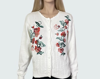 Vintage embroidered white knit cardiganwith texture knitting and embroidered flowers,  cottage core sweater, cable knitted cardigan