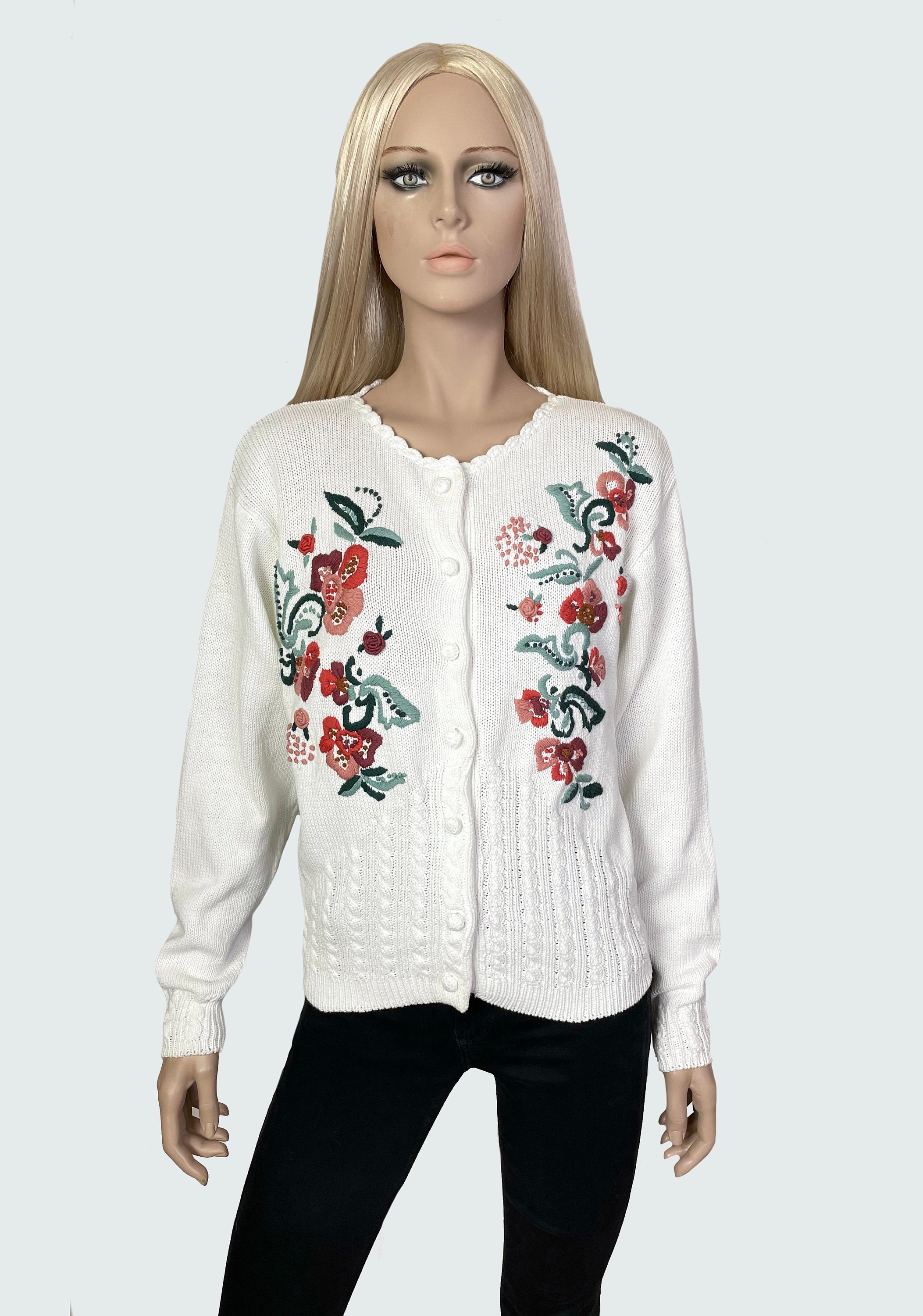 トップス Embroidered Design Summer Knit Cardigan Vintage Embroidered White Knit Cardiganwith Texture Knitting