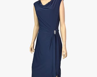 Ralph Lauren evening blue maxi cowl neck dress with rhinestone detail, prom dress with a slit on the leg