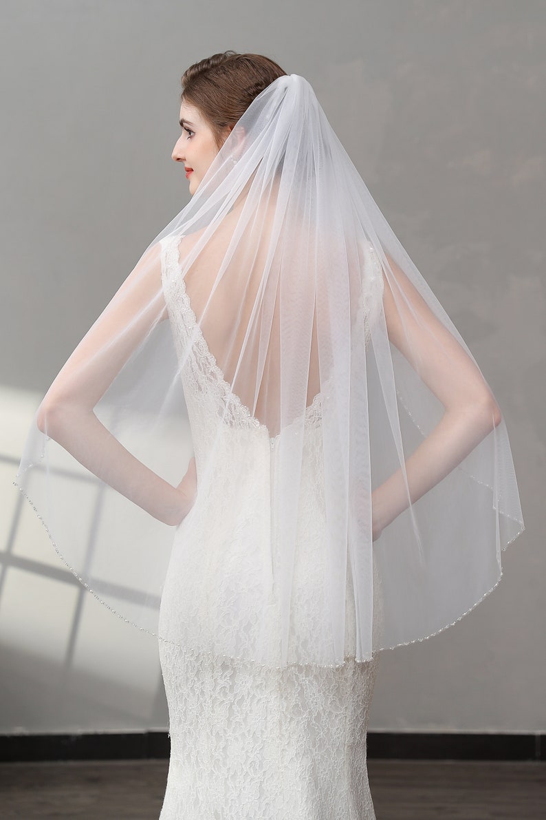 Beaded Edge Veil, Beaded Bridal Veil, Pearls Crystal Soft Tulle Veil, Beaded Floor Length Veil, Ivory Wedding Veil image 6