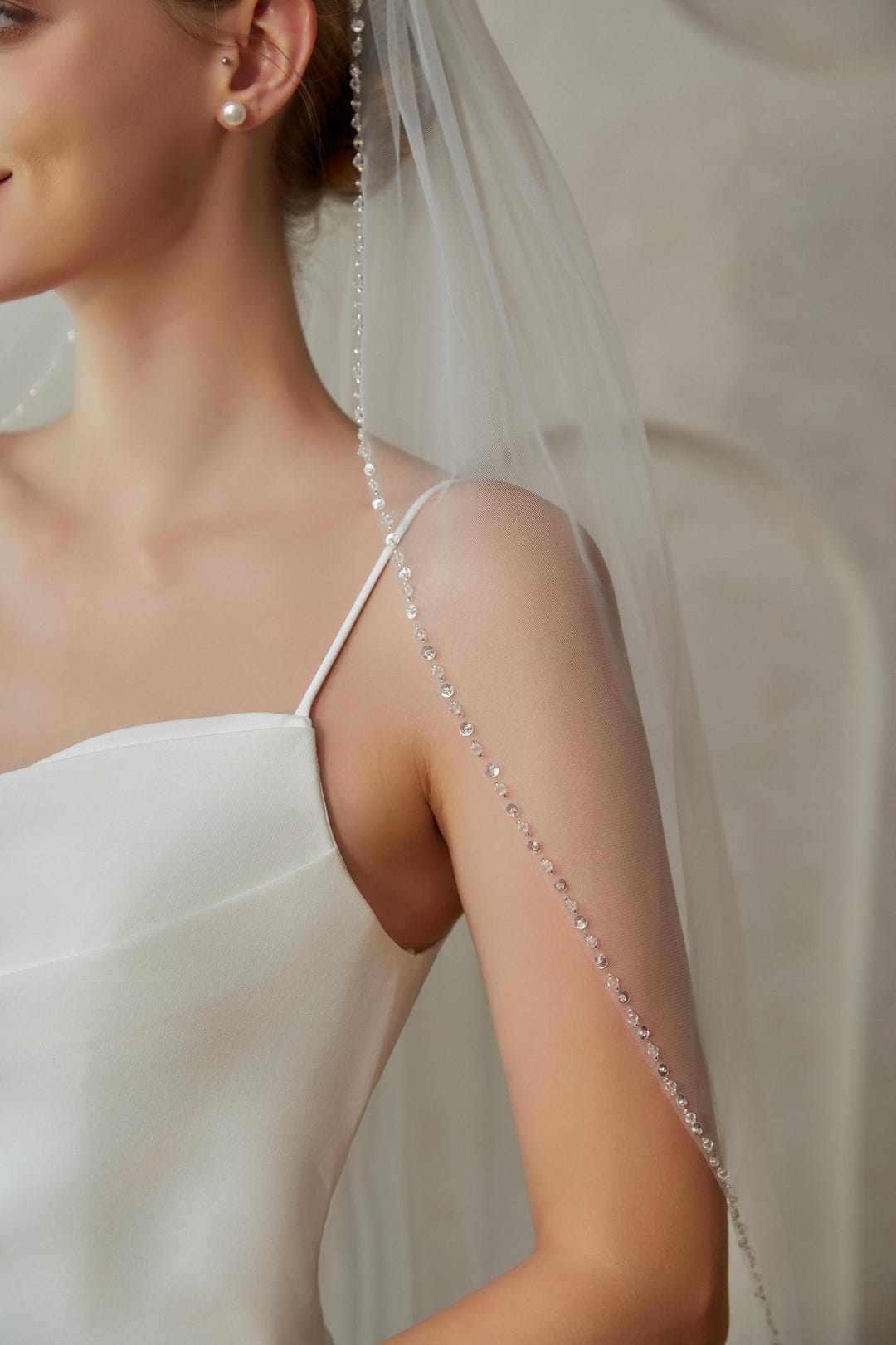 Elegant Minimalist Hand Sewn Pearl Edging Bridal Veil, V134