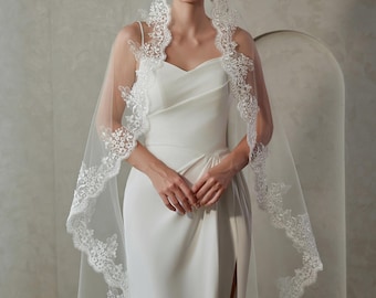Lace Edge Bridal Veil, Mantilla Wedding Veil, Floral Lace Veil Waltz, Eyelash Crochet Rose Lace Veil, Custom Long Veil, Scalloped Trim Veil