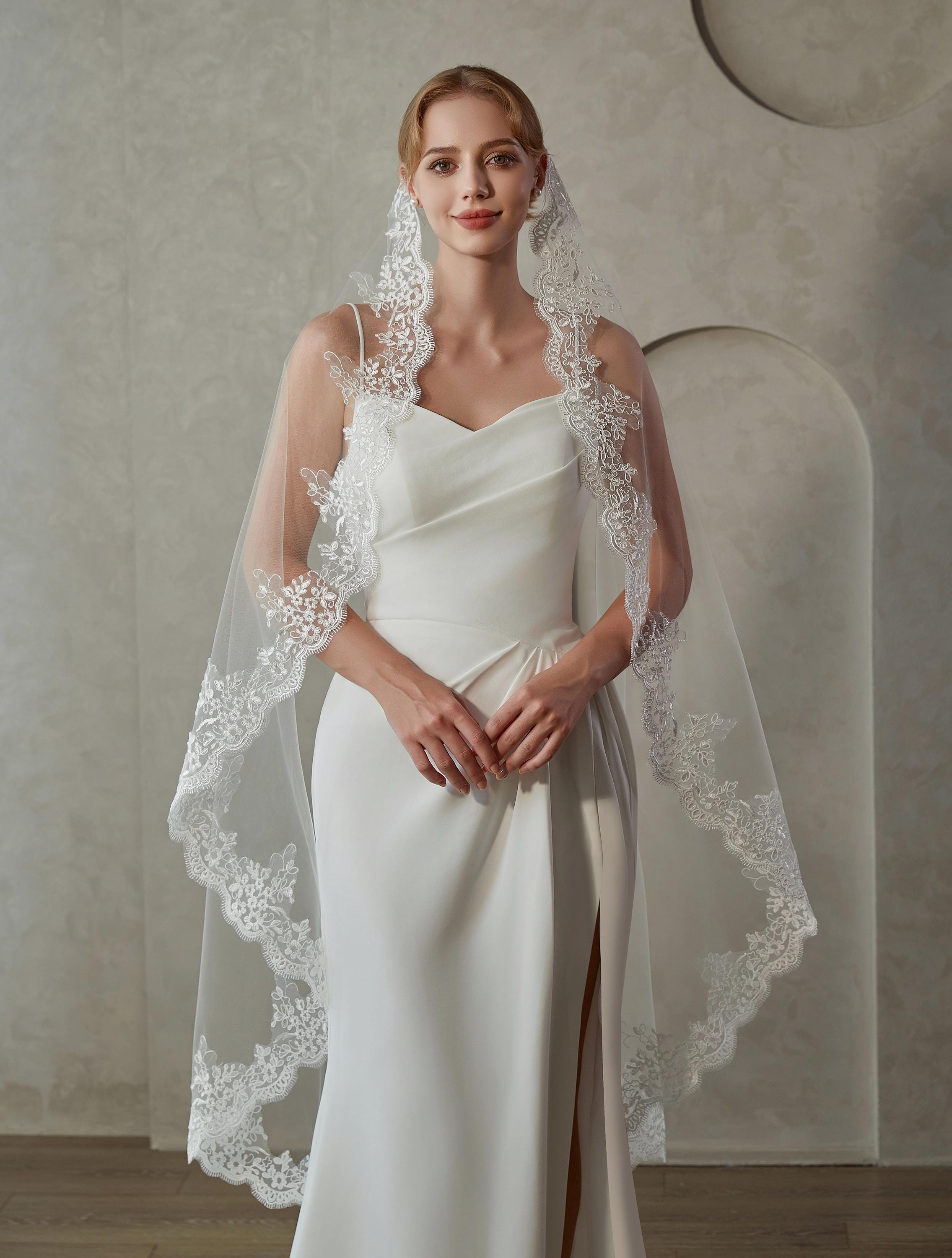 Lace Edge Bridal Veil, Mantilla Wedding Veil, Floral Lace Veil
