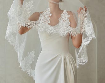 Lace Edge Bridal Veil, Blusher Lace Wedding Veil, Rose Lace Veil, Floor Lace Veil, Scalloped 2 Tiers Veil, Eyelash Drop Veil, Custom Veil