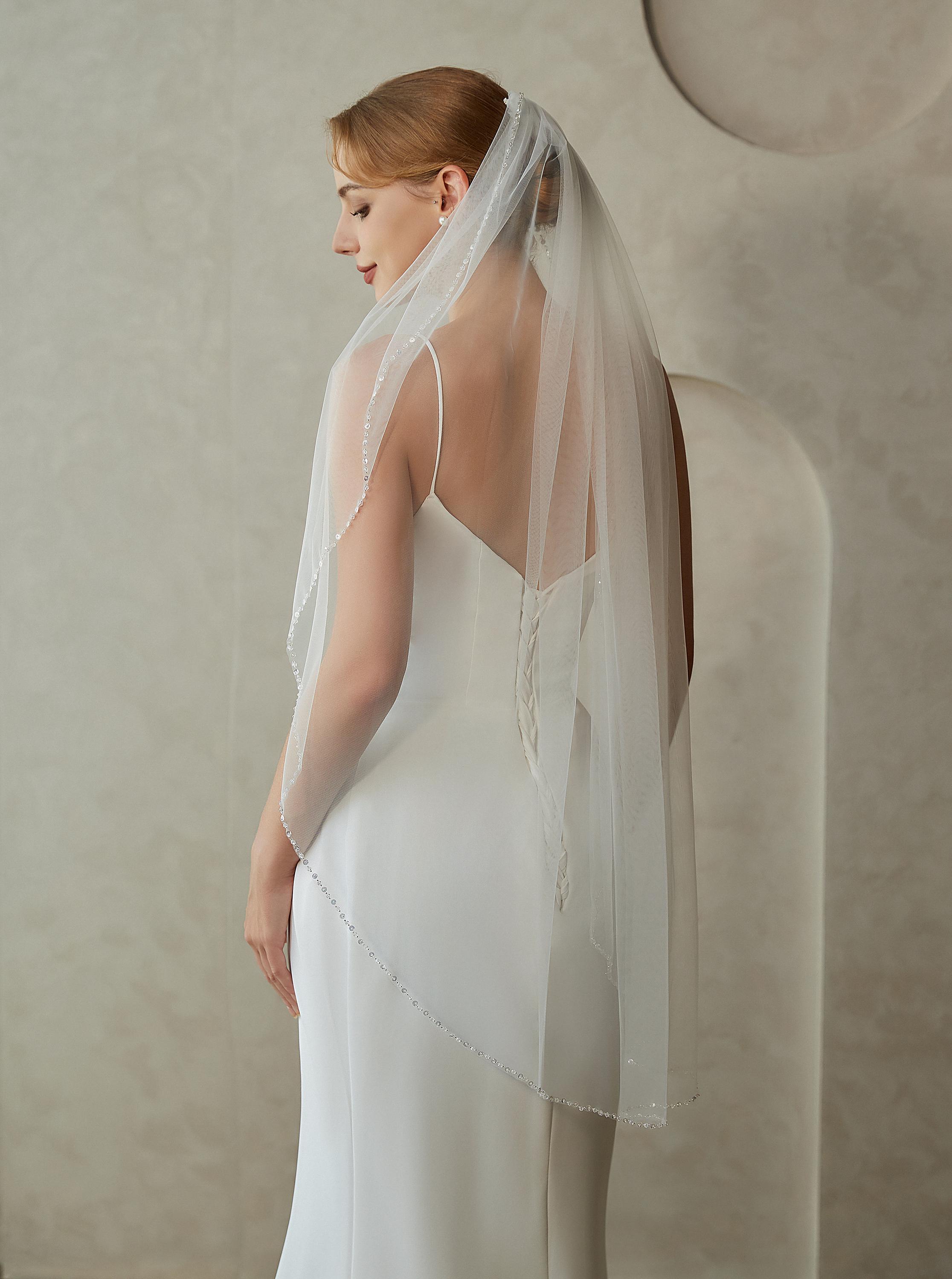 Beaded Edge Bridal Veil, Wedding Veil with Beaded Trim, 1 Tier Elegant Fingertip Veil, Crystal Sequins Edge Veil, Custom Ivory Wedding Veil