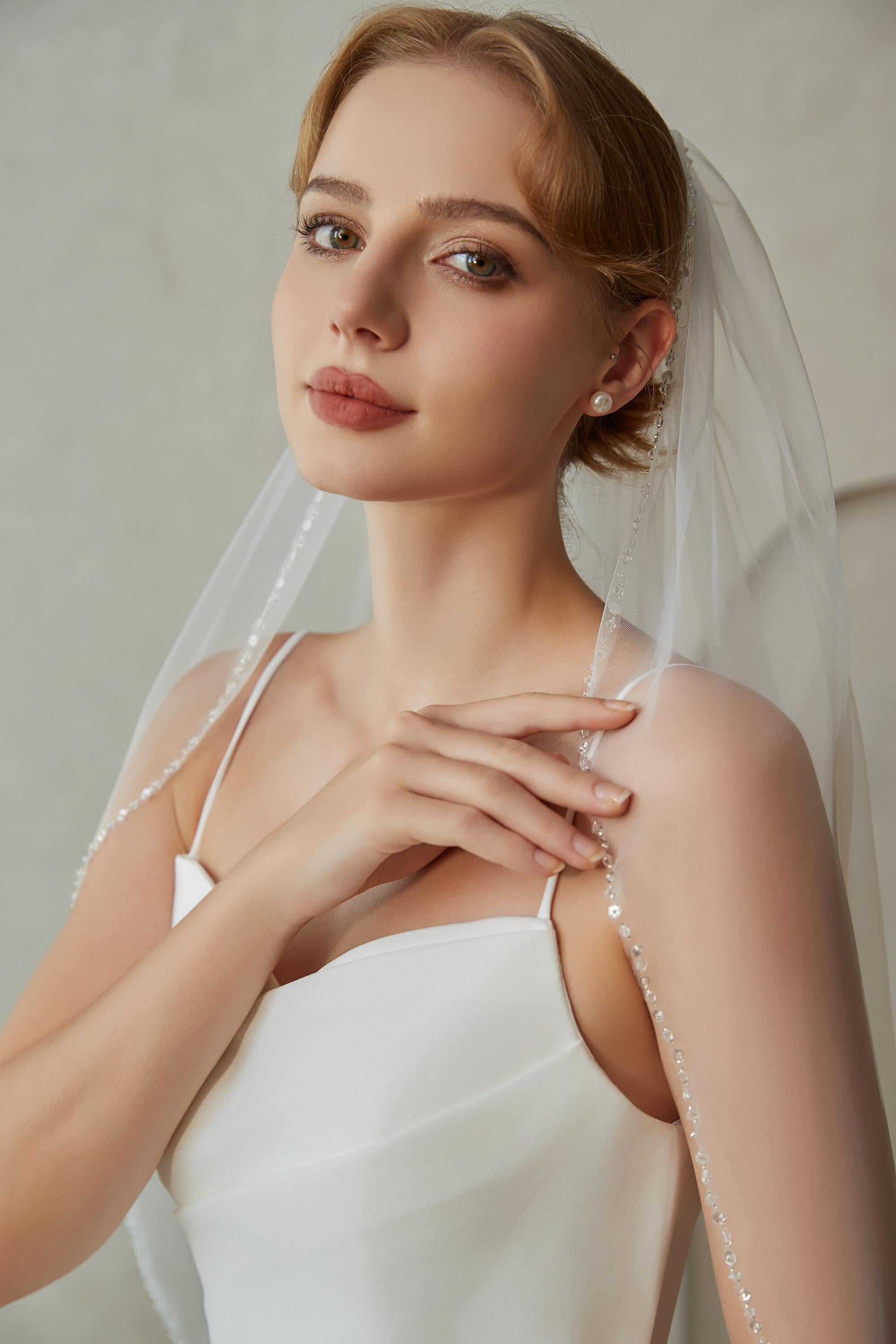 Beaded Edge Bridal Veil, Wedding Veil with Beaded Trim, 1 Tier Elegant Fingertip Veil, Crystal Sequins Edge Veil, Custom Ivory Wedding Veil