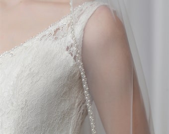 Beaded Bridal Veil, Pearls Edge Veil, Elegant Fingertip Veil, Crystal Edge Veil, Ivory Wedding Veil