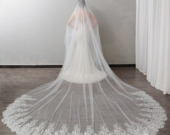 Lace Edge Bridal Veil, Wedding Veil with Blusher, Veil with Rose Lace Trim, Blusher Bridal Veil, Drop Veil, 2 Tires Double Tiers Veil Ivory