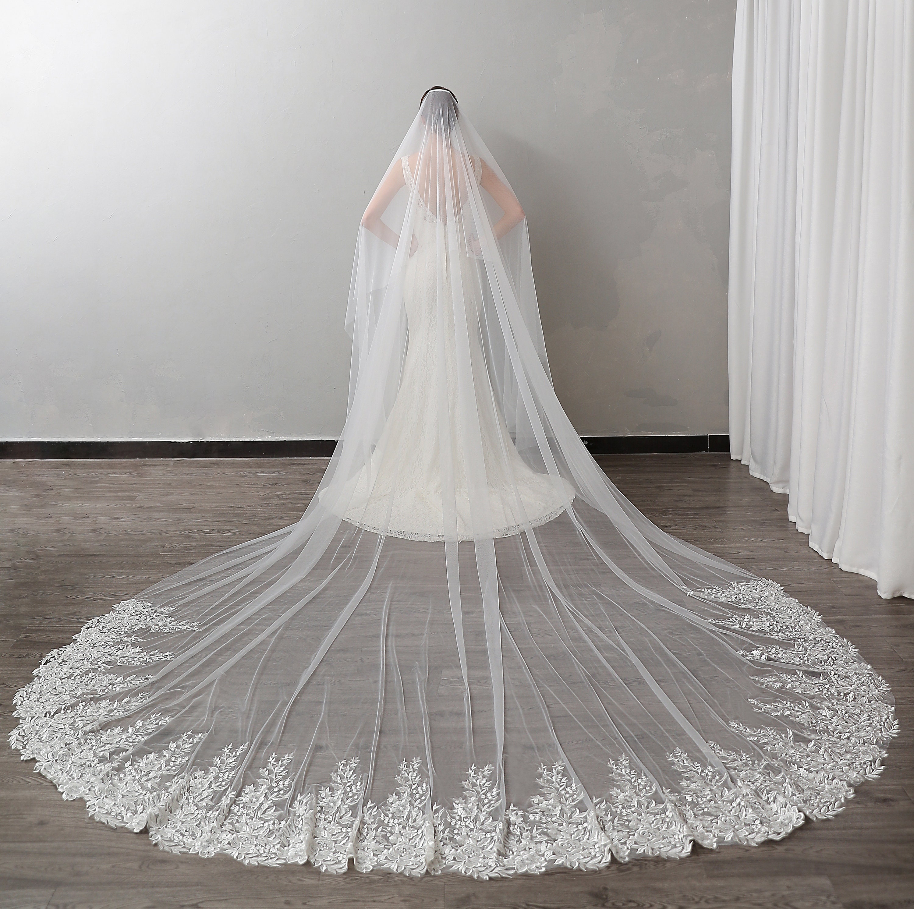 Handmade Rose Lace Bridal Veil With Blusher: Two Tier Drop Veil