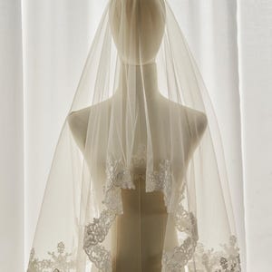 Lace Edge Bridal Veil, Rose Lace Veil, Soft Tulle Lace Veil, Scalloped Edge Veil, Ivory Blusher Wedding Veil with Comb, 2 Tiers Drop Veil