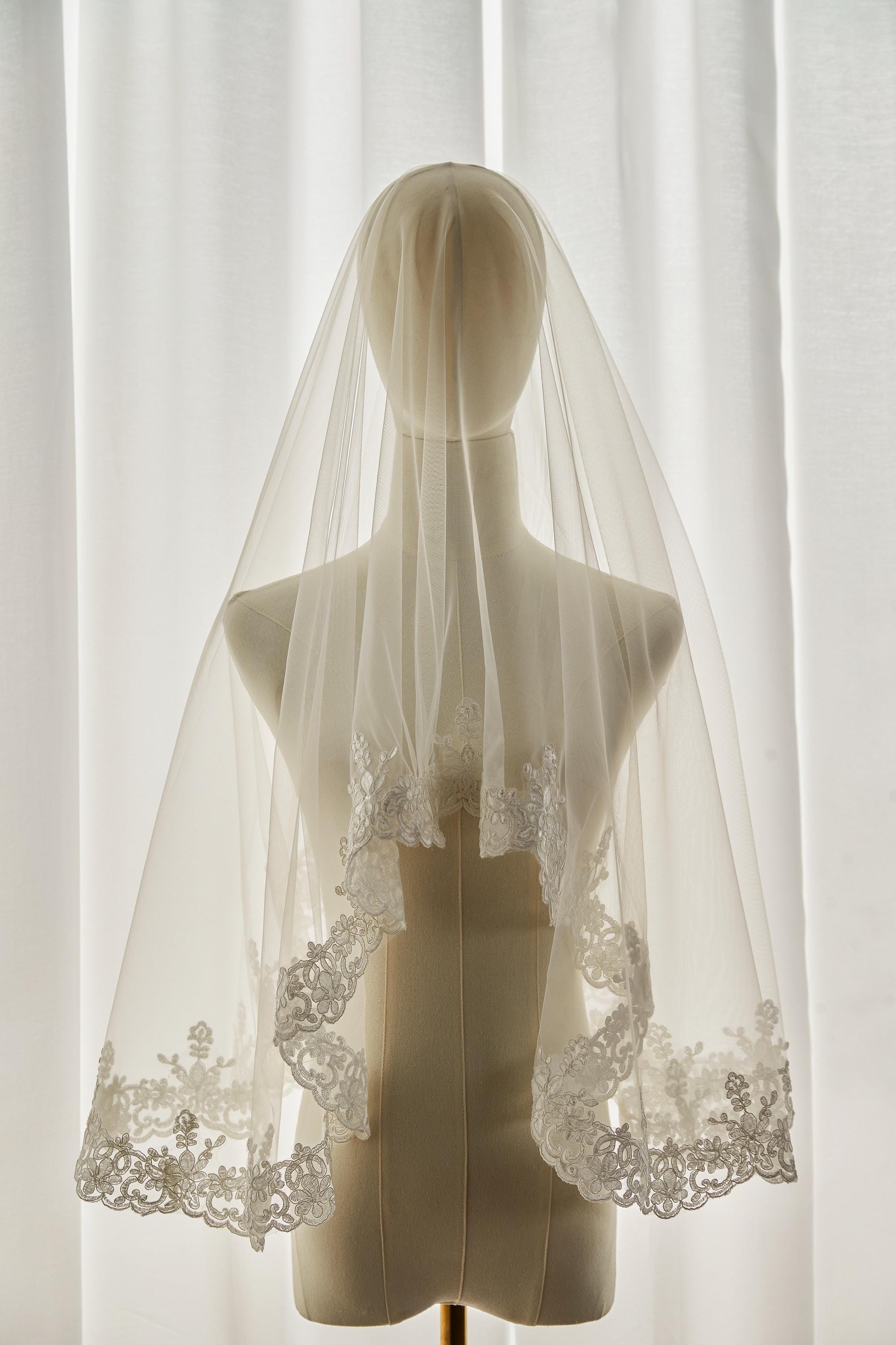 Lace Edge Bridal Veil, Rose Lace Veil, Soft Tulle Lace Veil, Scalloped Edge Veil, Ivory Blusher Wedding Veil with Comb, 2 Tiers Drop Veil
