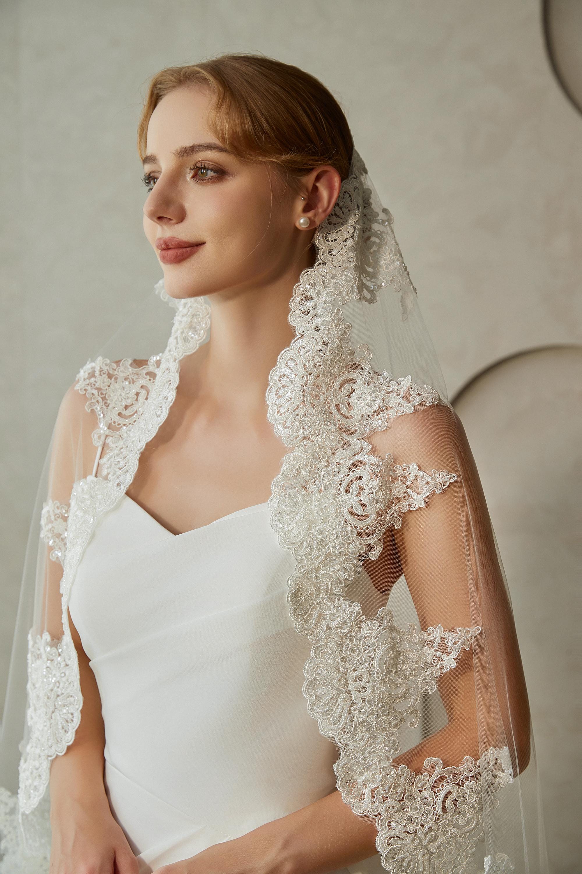 Handmade Beaded Lace Bridal Veil: Vintage Mantilla Cathedral Veil