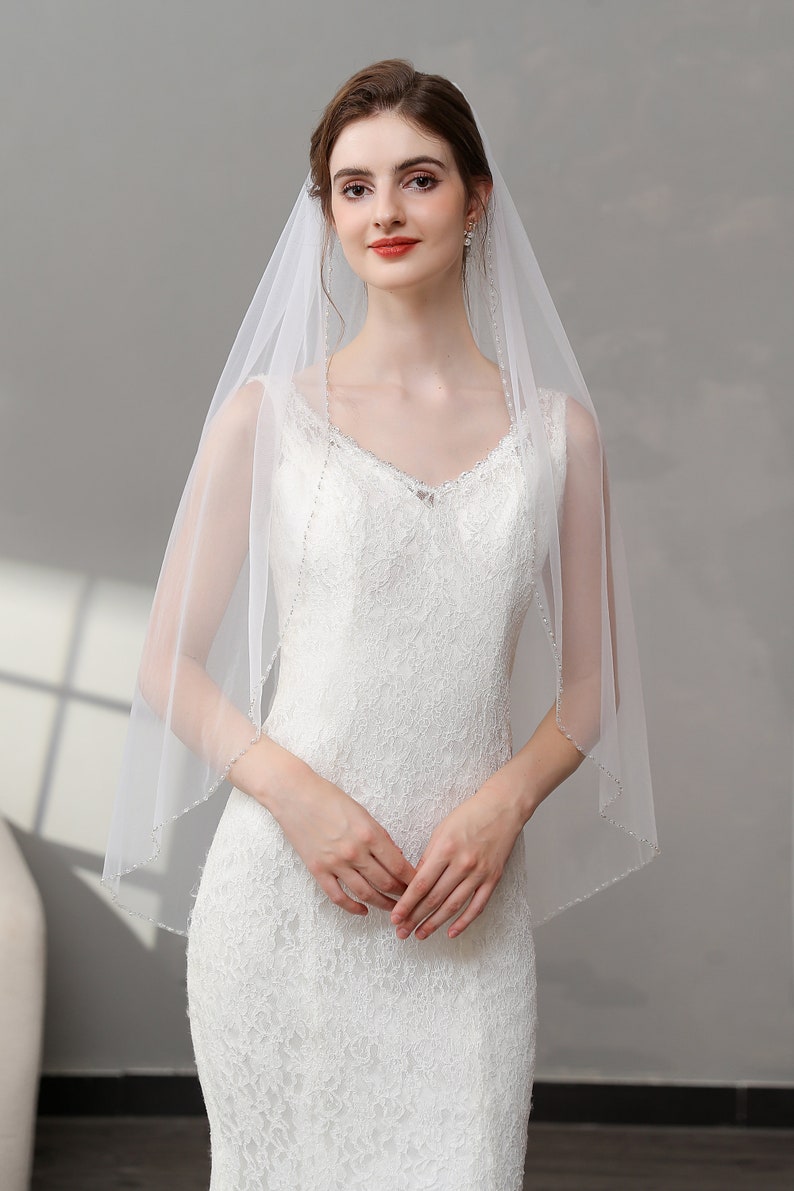 Beaded Edge Veil, Beaded Bridal Veil, Pearls Crystal Soft Tulle Veil, Beaded Floor Length Veil, Ivory Wedding Veil image 3
