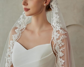 Full Lace Trim Mantilla Bridal Veil, Beaded Lace with Sequins, 1 Tier Handcrafted Lace Veil, Wedding Veil with Comb, Scalloped Floral Veil
