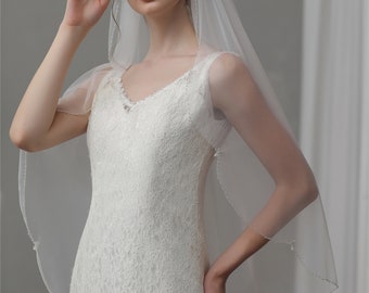 Handmade Beaded Bridal Veil: Pearls, Crystals, Floral Scalloped Edge