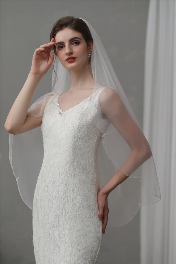 Velo Da Sposa Fatto A Mano Con Perline: Perle, Cristalli, Bordo - Foto 4