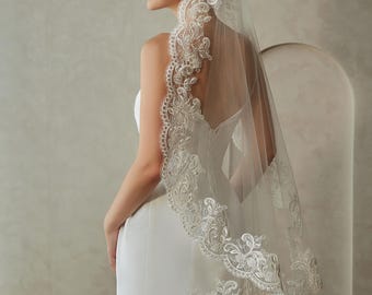 Velo de novia con ribete de encaje, velo de novia con borde de encaje mantilla, velo de encaje rosa, velo catedral, velo de una capa con peineta, velo de pestañas, velo hasta la punta de los dedos.