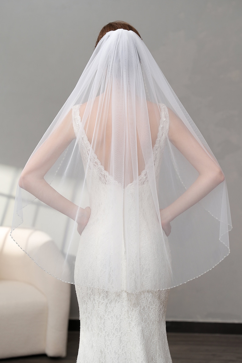 Beaded Edge Veil, Beaded Bridal Veil, Pearls Crystal Soft Tulle Veil, Beaded Floor Length Veil, Ivory Wedding Veil image 4