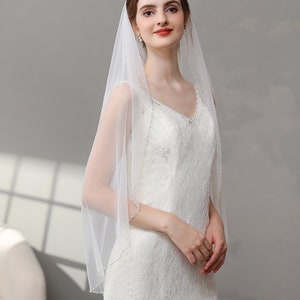 Beaded Edge Veil, Beaded Bridal Veil, Pearls Crystal Soft Tulle Veil, Beaded Floor Length Veil, Ivory Wedding Veil image 8