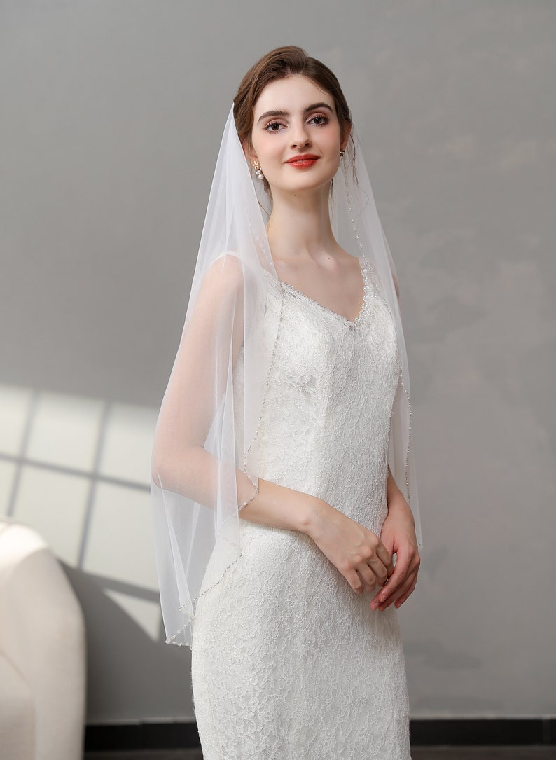 Beaded Edge Veil, Beaded Bridal Veil, Pearls Crystal Soft Tulle Veil, Beaded Floor Length Veil, Ivory Wedding Veil image 8