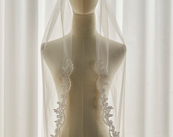 Voile de mariée dentelle, Voile de mariée dentelle, Voile de bord dentelle florale, Voile de mariage sol, Voile festonné, Bout des doigts de voile, Voile personnalisé ivoire