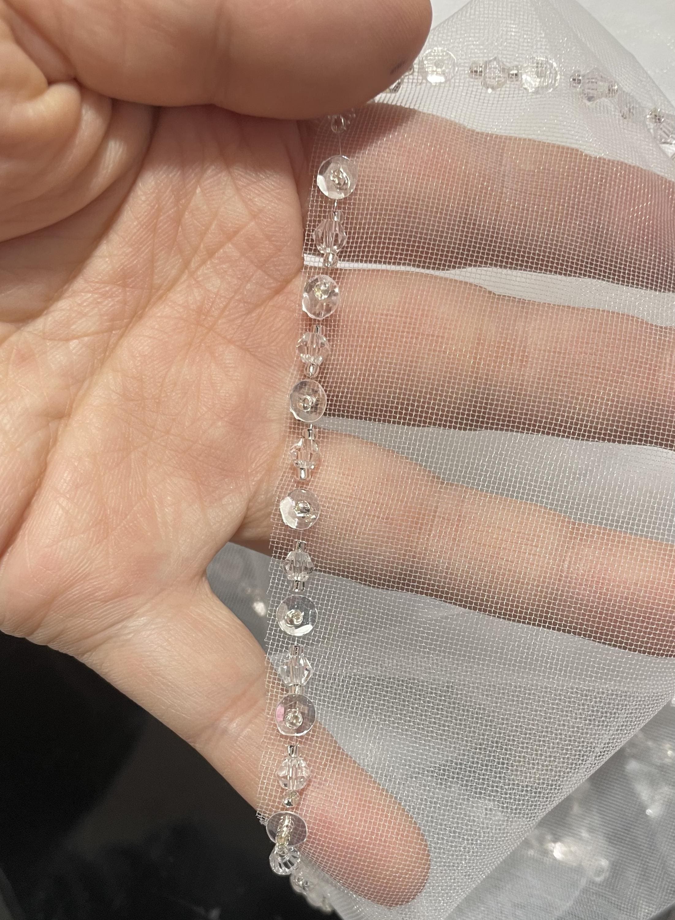 Beaded Edge Bridal Veil, Wedding Veil with Beaded Trim, 1 Tier Elegant Fingertip Veil, Crystal Sequins Edge Veil, Custom Ivory Wedding Veil