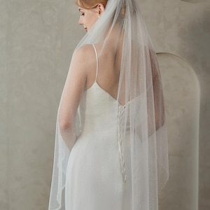 May include: A bride wearing a white wedding dress and a sheer, sparkling veil. The veil is trimmed with a delicate beaded edge. The dress has a low back and spaghetti straps.