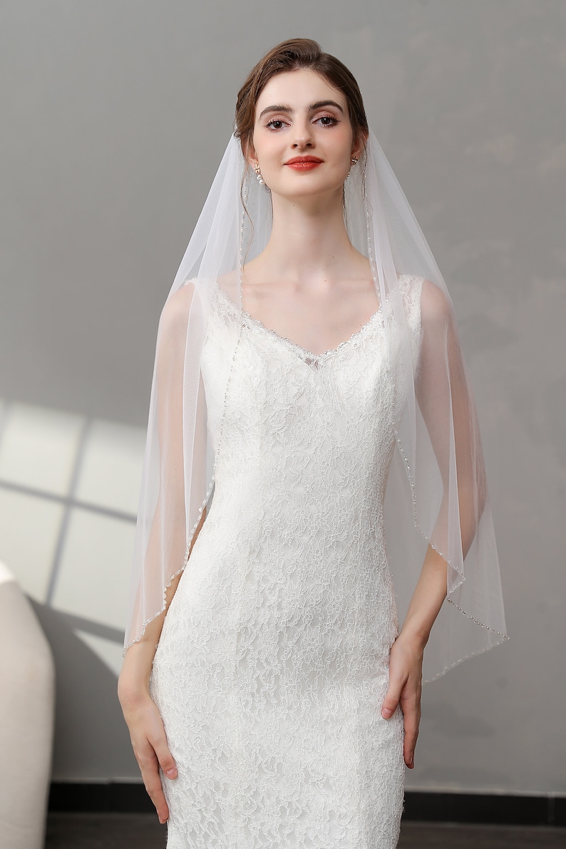 Beaded Edge Veil, Beaded Bridal Veil, Pearls Crystal Soft Tulle Veil, Beaded Floor Length Veil, Ivory Wedding Veil image 7