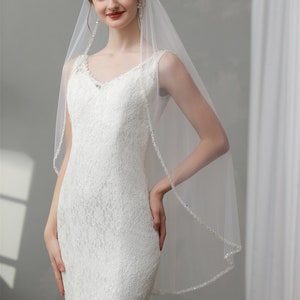 Pearls Edge Bridal Veil, Beaded Ivory Veil, Elegant Fingertip Veil, Sequins Veil, Ivory Wedding Veil