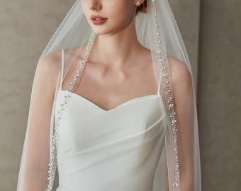 Beaded Edge Bridal Veil, Wedding Veil with Beads Pearls Trim, 1 Tier Elegant Fingertip Veil, Crystal Sequins Long Veil, Custom Ivory Veil