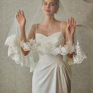 Bridal Veil with Blusher, 2 Tiers Wedding Veil, Rose Lace Veil, Ivory Veil Long, Scalloped Edge Veil, Drop Veil with Comb, Eyelash Lace Veil