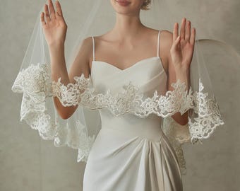 Bridal Veil with Blusher, 2 Tiers Wedding Veil, Rose Lace Veil, Ivory Veil Long, Scalloped Edge Veil, Drop Veil with Comb, Eyelash Lace Veil