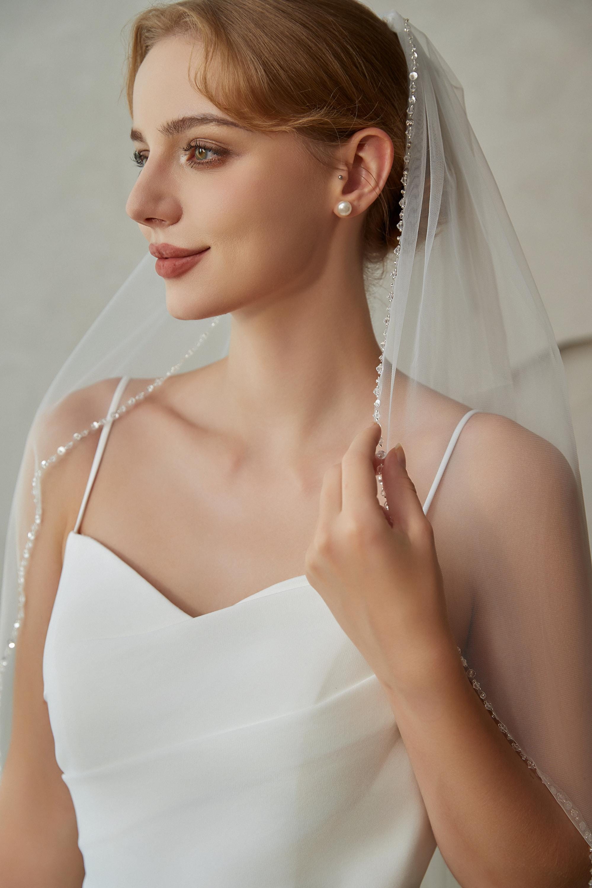 Beaded Edge Bridal Veil, Wedding Veil with Beaded Trim, 1 Tier Elegant Fingertip Veil, Crystal Sequins Edge Veil, Custom Ivory Wedding Veil