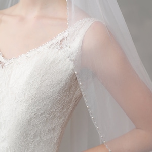 Beaded Edge Veil, Beaded Bridal Veil, Pearls Crystal Soft Tulle Veil, Beaded Floor Length Veil, Ivory Wedding Veil image 1