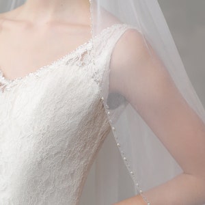 Beaded Edge Veil, Beaded Bridal Veil, Pearls Crystal Soft Tulle Veil, Beaded Floor Length Veil, Ivory Wedding Veil