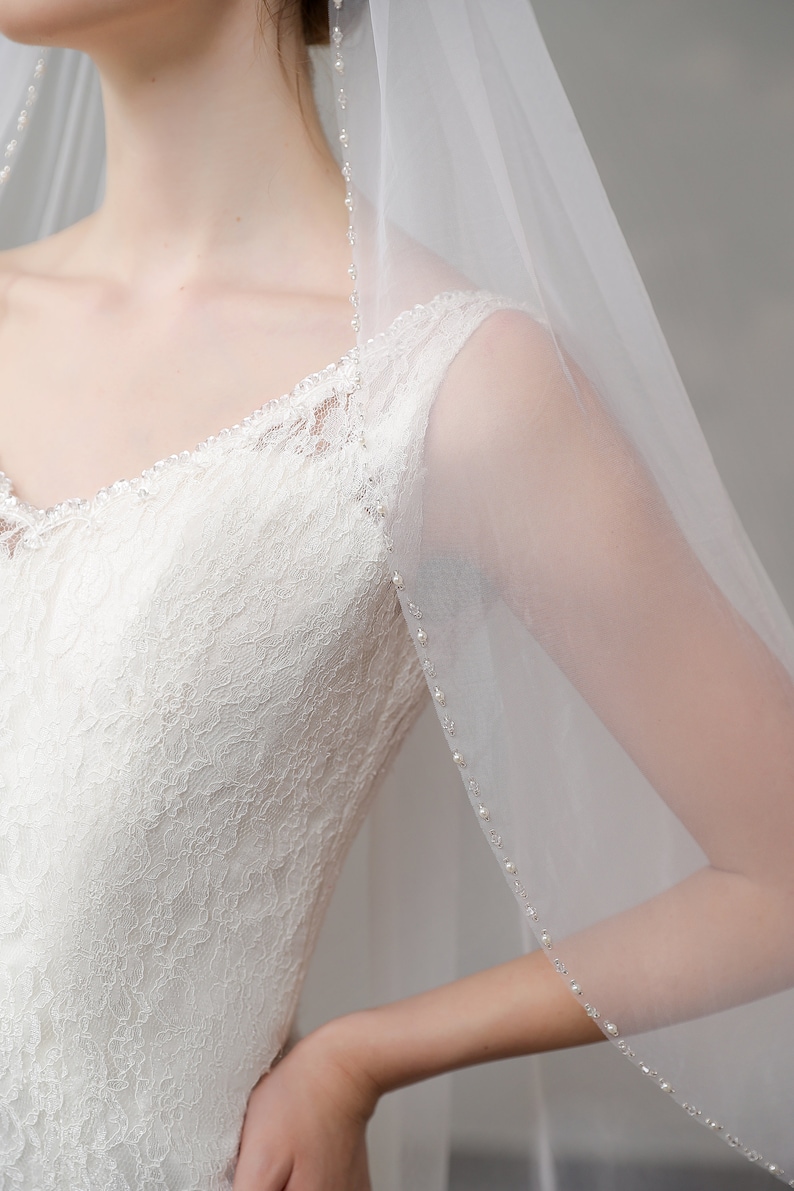 Beaded Edge Veil, Beaded Bridal Veil, Pearls Crystal Soft Tulle Veil, Beaded Floor Length Veil, Ivory Wedding Veil image 1