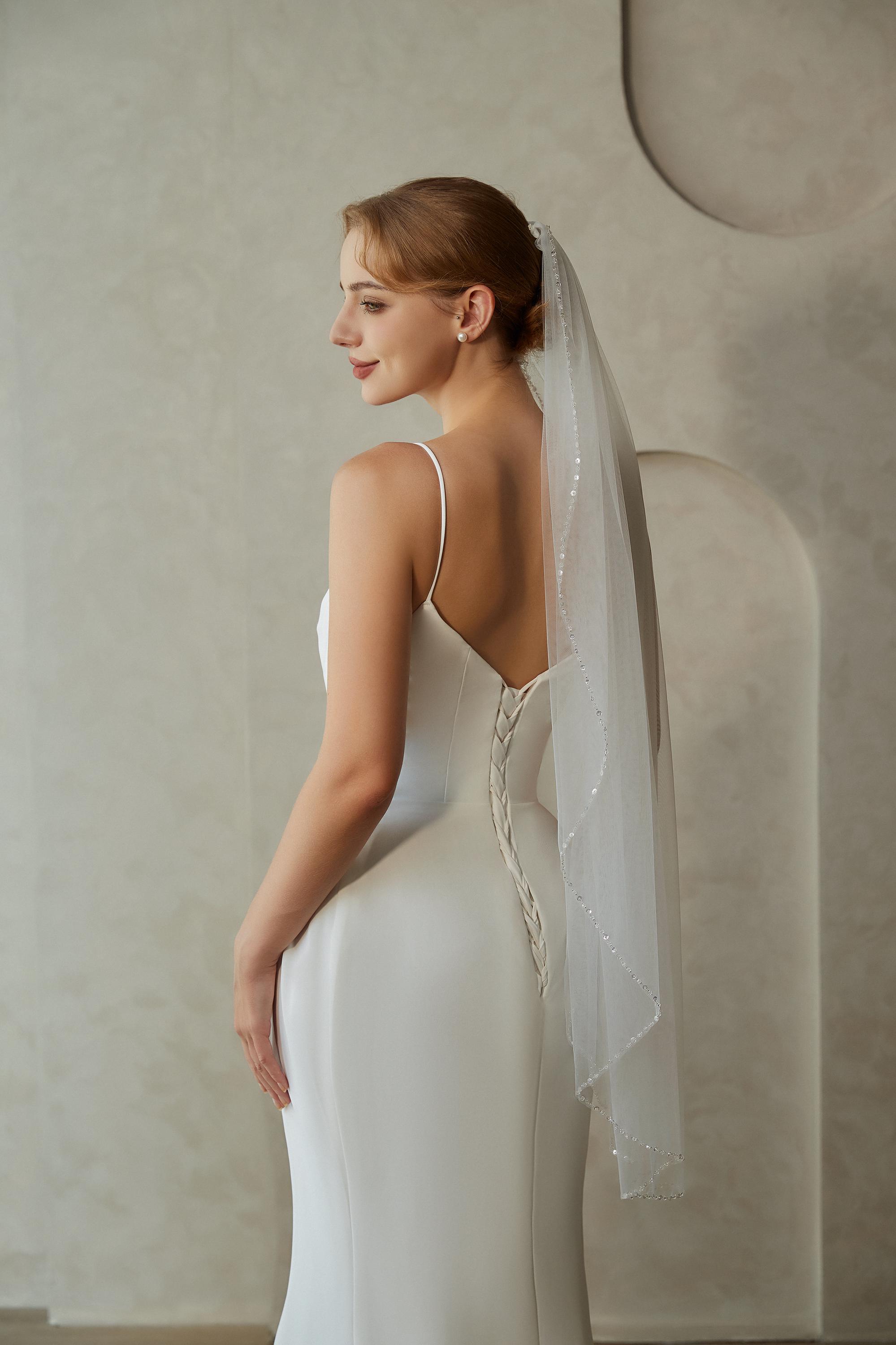 Beaded Edge Bridal Veil, Wedding Veil with Beaded Trim, 1 Tier Elegant Fingertip Veil, Crystal Sequins Edge Veil, Custom Ivory Wedding Veil