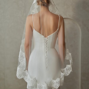 May include: A white bridal veil with a lace trim. The veil is made of soft tulle and has a delicate lace pattern. The veil is worn over a white dress.