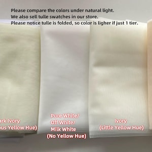 May include: Five swatches of tulle fabric in different colors: cold white, dark ivory, pure white, ivory, and champagne. The text below each swatch describes the color and any undertones.
