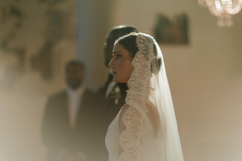 Lace Trim Bridal Veil, Mantilla Lace Wedding Veil, Rose Lace Veil, Fingertip Lace Veil, 1 Tier Veil with Comb, Eyelash Veil, Chantilly Veil image 12